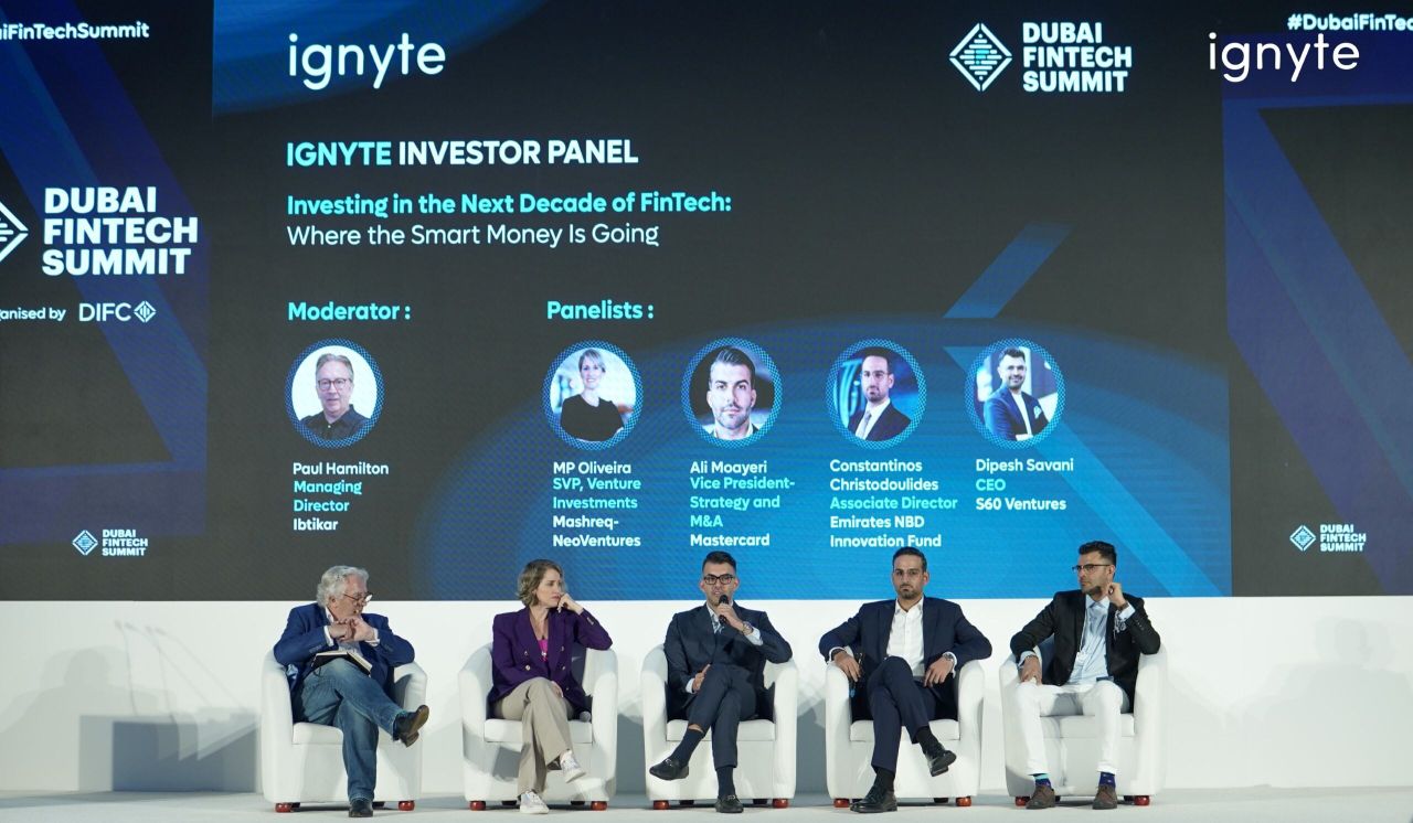 Dipesh Savani on the Ignyte investor panel at Dubai Fintech Summit, DIFC
